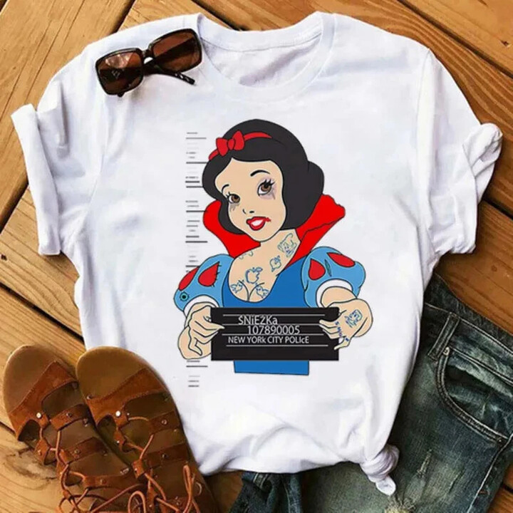 Potdemiel Kawaii Disney Princess Ladies Cotton T-Shirt Summer Women Tops Harajuku Cartoon Graphic Girl Tees Cute T-shirt Female Blouses