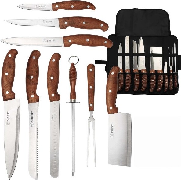 CRENOVA 9-PieceKitchenKnifeSetKnifeSetwithRollBagLightweightandPortableDishwasherSafe(Brown)