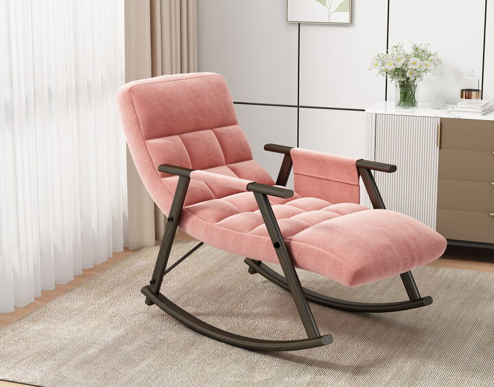 EXRACING Casual folding rocking chair upholstered, lounge rocking chair adjustable high back and foot rest,side pockets placed in living room bedroom balcony