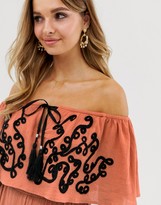 Thumbnail for your product : Violet Skye off shoulder embroidered button through midi dress in rust