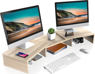 Inbox Zero Mikela Dual Monitor Stand 3 Shelf Computer Monitor Riser ...