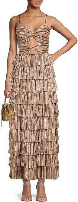 Gianni Bini Grace Metallic Plisse Sweetheart Neck Cut-Out Tiered Dress