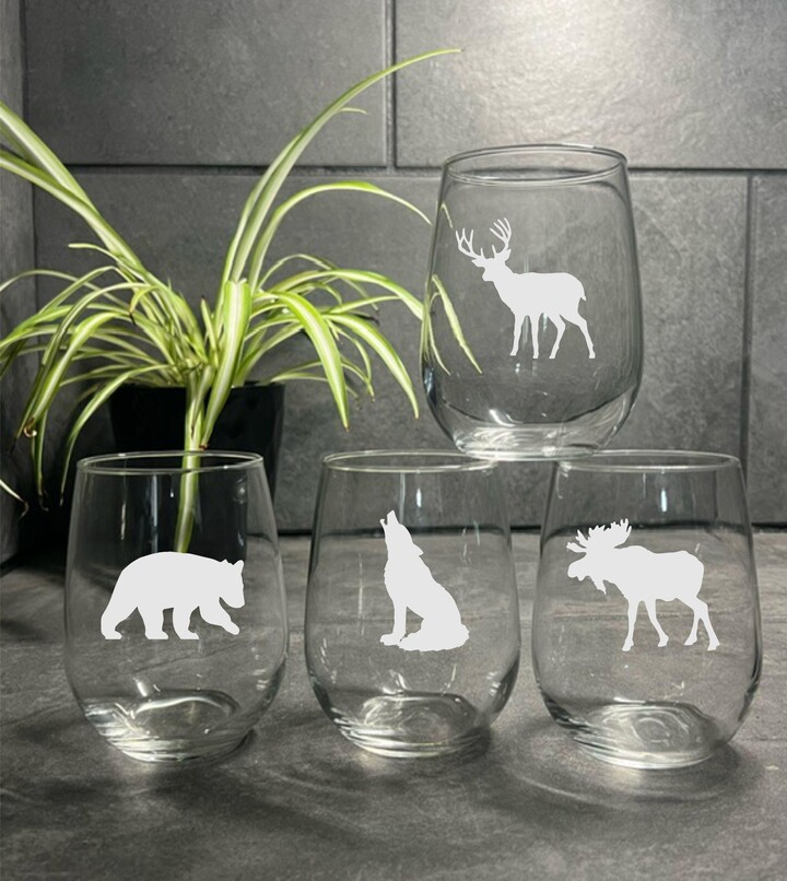 Wildlife Glass Set Of 4, Bear, Moose, Wolf, Deer Glass, Free Personalization, Cabin Decor, Lodge Gift