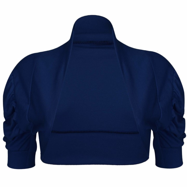 Cropped Crop Girls Kids Stretchy Ruched Sleeves Bolero Shrug Cardigan Top Age 13-14 Years, Navy 