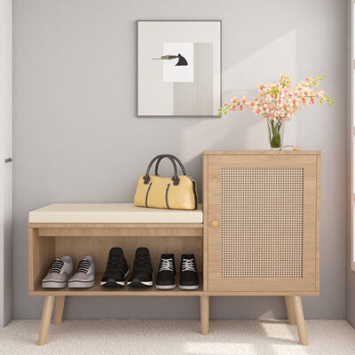 Rebrilliant 2-In-1 Shoe Storage Bench, Natural Rattan Shoe Cabinet With 2 Adjustable Shelves And Removable Seat Cushion, Modern Entryway Bench, Shoe Storage Organ