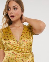 Thumbnail for your product : Influence wrap front satin midi dress in mustard floral print