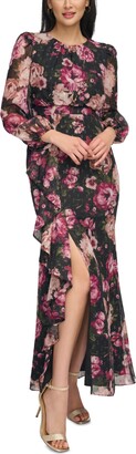 Eliza J Women's Floral-Print Long-Sleeve Cascade Maxi Dress