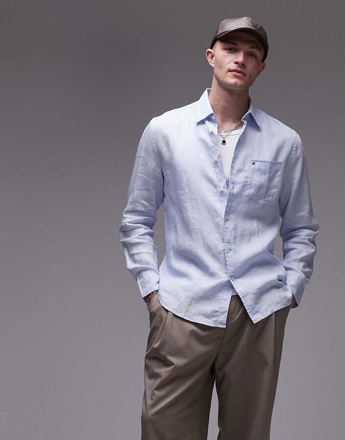 Tommy Hilfiger linen look long sleeve shirt in pale blue