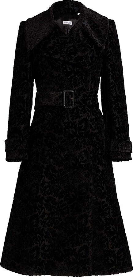 Women's Floral Silk-Cotton Velvet Jacquard Trench - Black Ip Pattern - Size 2