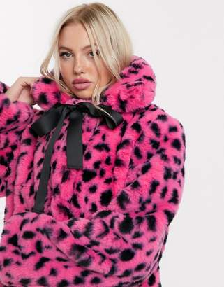 Lazy Oaf high neck faux fur coat in spot with bow fastening