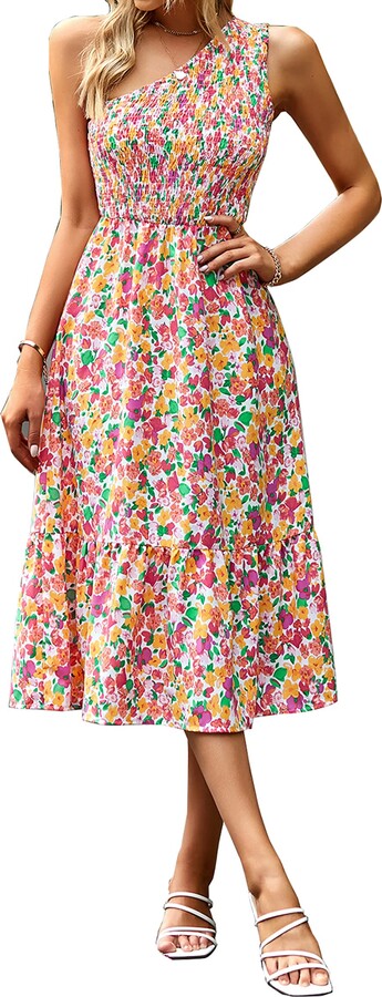 Bupeelee 2022 Womens Summer Dresses Ruffle Sleeve Solid Colorblock Pockets Loose Fit Flowy Pleated Sleeveless Midi Dress 
