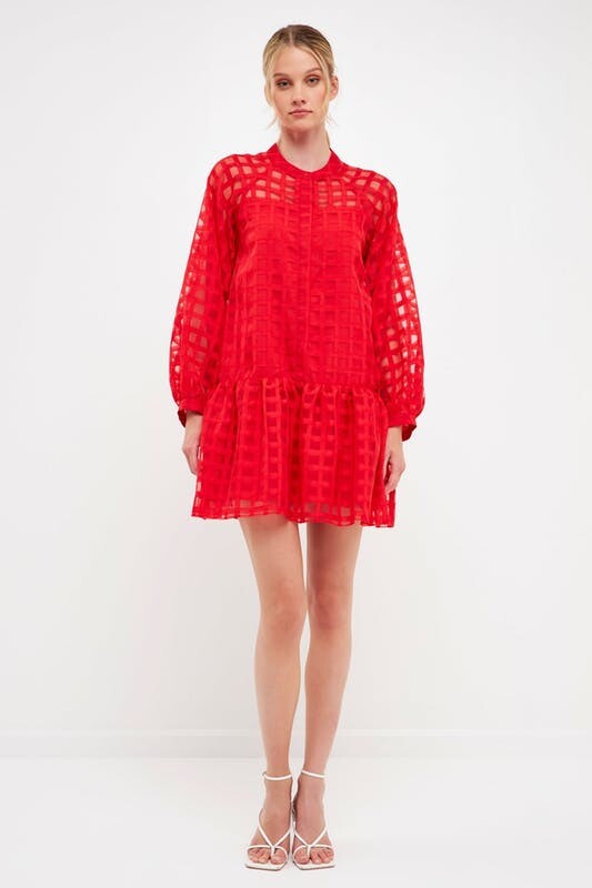 ENGLISH FACTORY Check Organza Buttoned Long Sleeve Mini Dress - Red -  ShopStyle