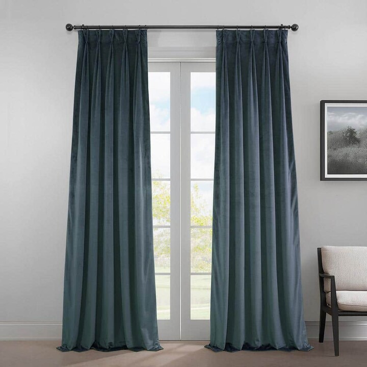 Exclusive Fabrics & Furnishings London Blue Pleated Curtains Heritage Plush Velvet 25 in. W x 84 in. L Velvet Room Darkening Curtain (Single Panel)