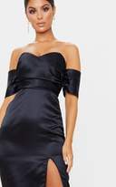 Thumbnail for your product : PrettyLittleThing Black Pleated Bodice Satin Bardot Midi Dress