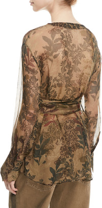 Brunello Cucinelli Long-Sleeve Botanical-Print Wrap-Waist Silk Top