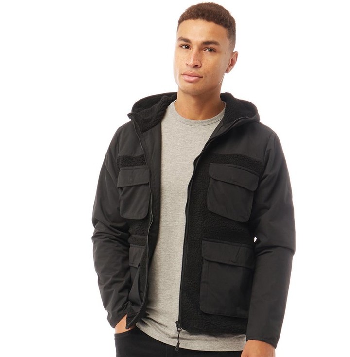 Brave Soul Mens Ledbury Borg Hooded Utility Jacket Black
