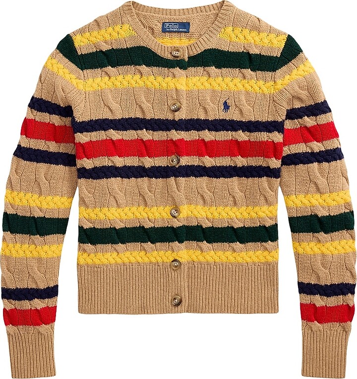 Women's Striped Cable Knit Cardigan - Collection Camel - Size Large