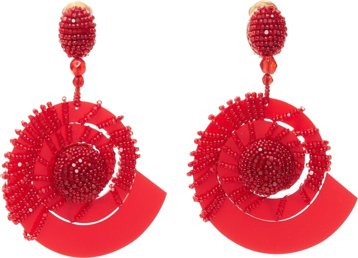 Oscar de la Renta Beaded Acrylic Spiral Shell Dangling Clip On Earrings