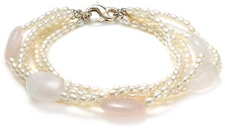 Orchira Ladies Bracelet 5 Strands of White Rice Pearls Mixed with Rose & Snow Quartz Ovals and Sterling Silver Lobster Clasp