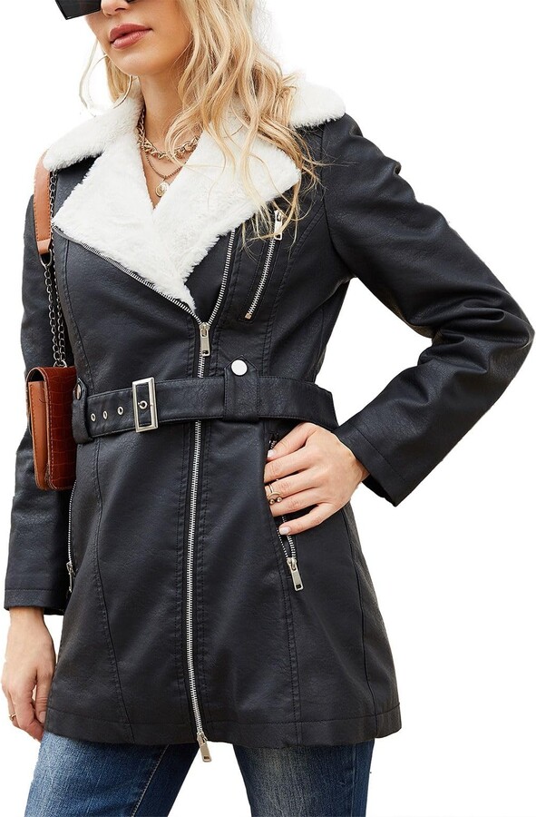 Homgro Women's Faux Leather Coat Thermal Leather Jacket Long Sleeve