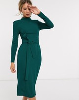 Thumbnail for your product : ASOS DESIGN long sleeve midi dress with obi belt in forest green