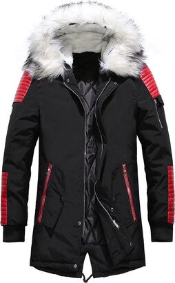 MEYOCEYO Men Winter Parka Long Cotton Thicken Hooded Jackets and with Fur  Hood Outdoor Windproof Warm Coats Black-Red 2XL - ShopStyle
