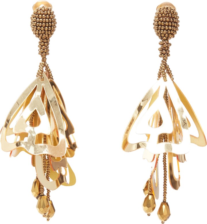 Oscar de la Renta Gold Acrylic Petals Beads Floral Statement Clip Earrings