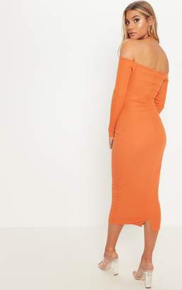 PrettyLittleThing Orange Bardot Ribbed Tortoise Button Cut Out Midaxi Dress