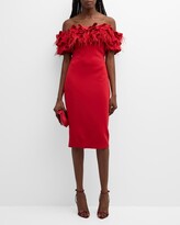 Off-Shoulder Feather Ruffle Midi Dres 