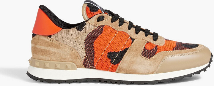Valentino Garavani Rockrunner camouflage-print stretch-knit, leather and suede sneakers