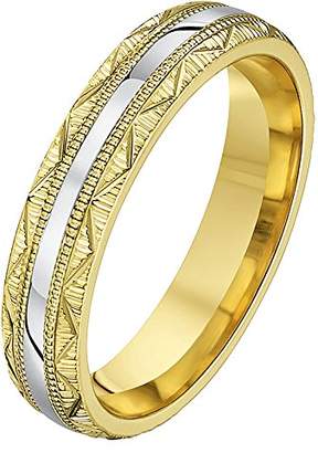 Theia His & Hers 14ct Yellow and White Gold Two-Tone 4mm Serrated and Zig Zag Groove Wedding Ring - Size P