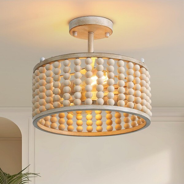 LudomideWoodBeadedChandelier2LightsBohoSemiFlushMountCeilingLightFixturesforHallwayNurseryBedroom-OakWhite