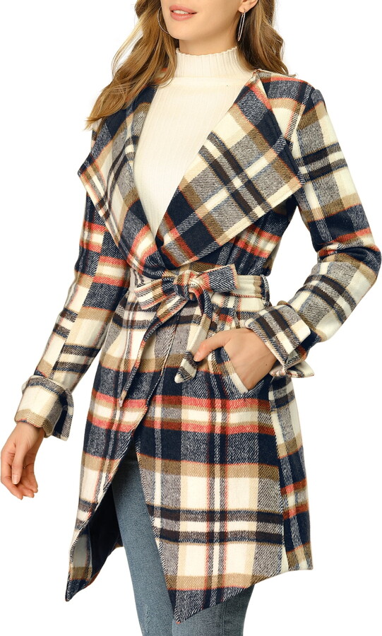 Unique Bargains Women’s Shawl Collar Asymmetrical Hem Belted Plaid Coat XL Brown Blue