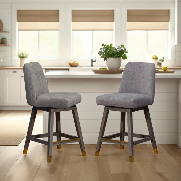 Armen Living Amelia Swivel Counter Stool in Gray Oak Wood Finish with Mocha Fabric - Set of 2