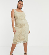 Thumbnail for your product : TFNC Plus shimmer mesh ruched midi dress in light gold