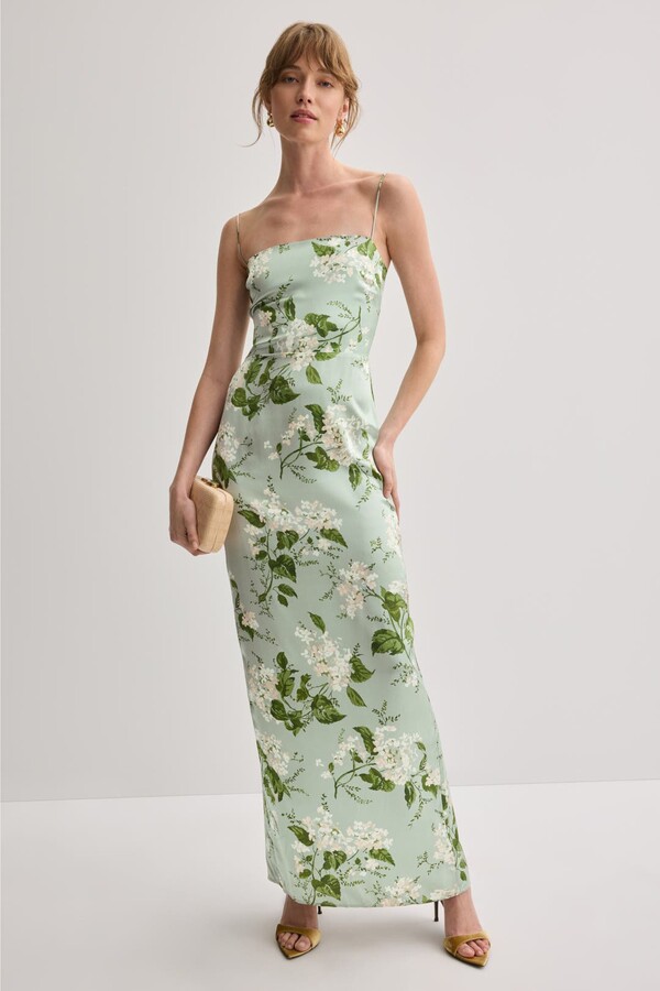 Reformation Frankie Silk Gown Green-cream-print