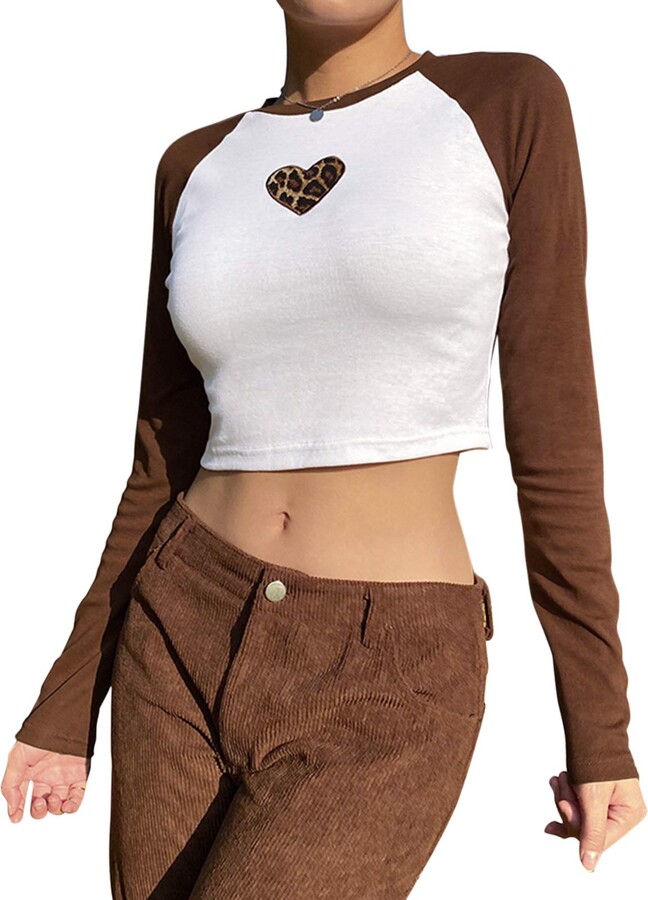 Gulirife Valentine's Day Heart Printed Shirt for Women Girls Long Sleeve Leopard  Crop Top Crew Neck Y2K Cute Streetwear Tops - Brown - S - ShopStyle