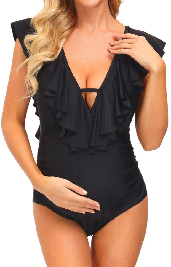 Maacie One Piece Maternity Swimsuit Deep VNeck Ruffle Padded Women