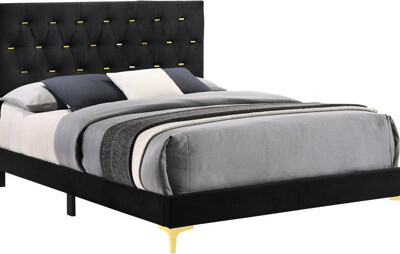 Mercer41 Panel Bed Black Upholstered Soft Padded Headboard Gold - Accented Diamond For Sophistication Bed With Bar Buttons Open Design A Peaceful Bedroom