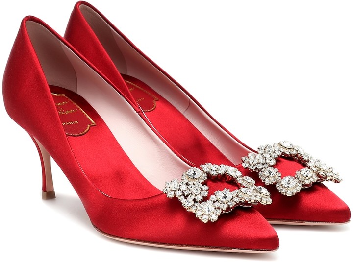 red satin pumps