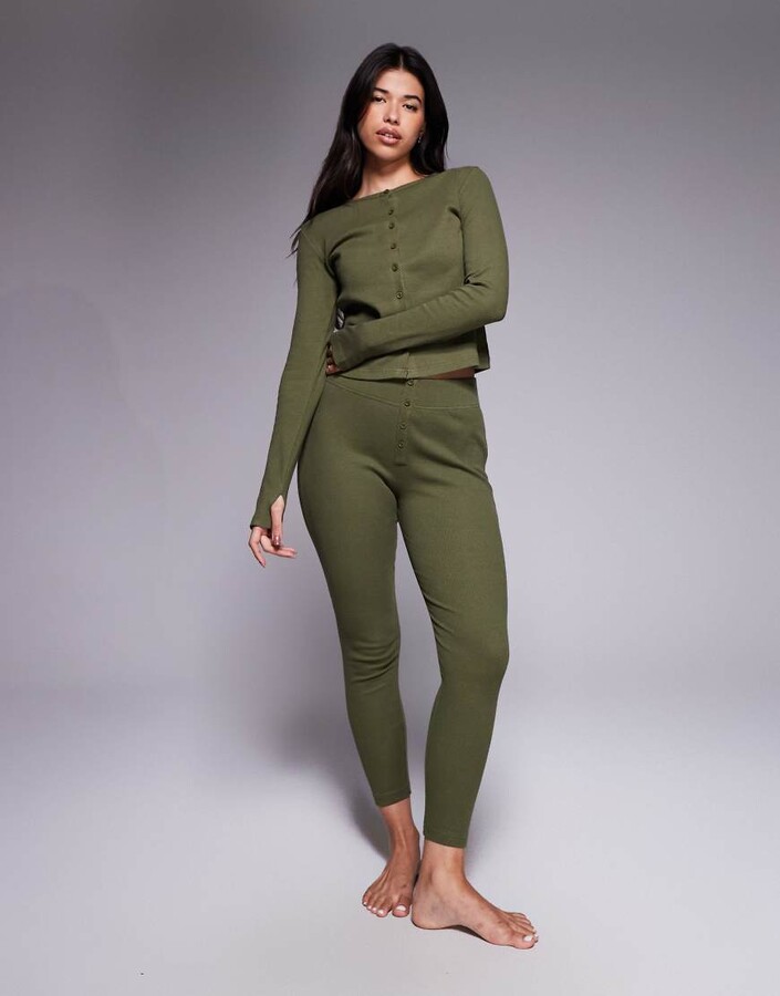 Threadbare ribbed button down long sleeve loungewear set in khaki