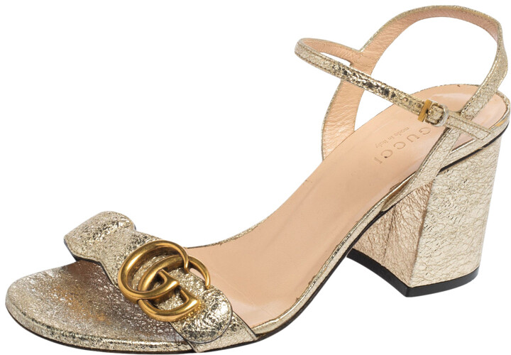 Gucci Metallic Gold Leather GG Marmont Block Heel Ankle Strap Sandals Size  37 - ShopStyle
