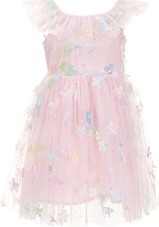Popatu Little Girls Flutter Sleeve 3D FlowersShimmer Fit-and-Flare Mesh Dress