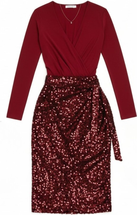 Latelier London Red Sequin Wrap Midi Dress With Long Sleeves