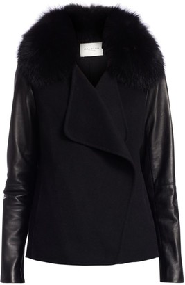 Halston Faux Fur Collar Leather-Sleeve Jacket