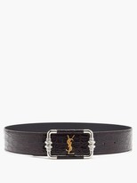 Thumbnail for your product : Saint Laurent plaque Crocodile-effect Leather Belt - Brown