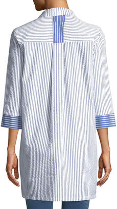 Neiman Marcus Striped Button-Front High-Low Blouse