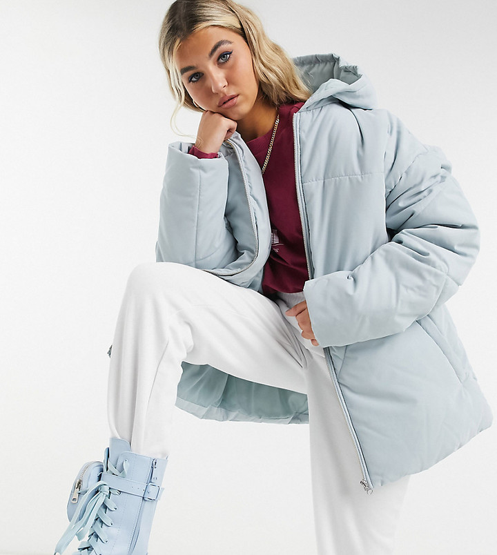 Collusion peach skin puffer with hood in blue - ShopStyle