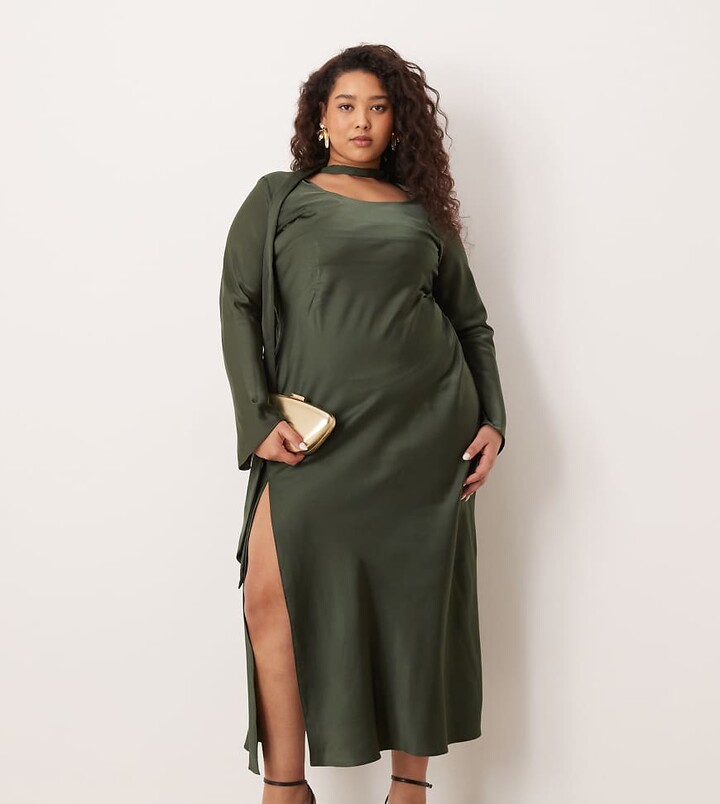 ASOS Curve ASOS DESIGN Curve v neck scarf detail long sleeve maxi dress in dark green