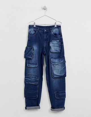 ASOS Design DESIGN baggy fit cargo jeans with multi pocket in dark wash blue